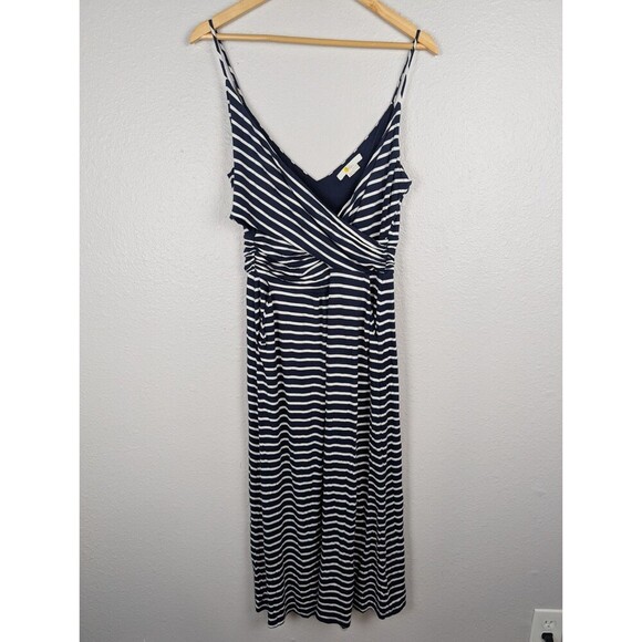 Boden Navy Blue White Stripe V Neck Stretch Jersey Dress US 12 R Nautical 191 - Picture 2 of 7